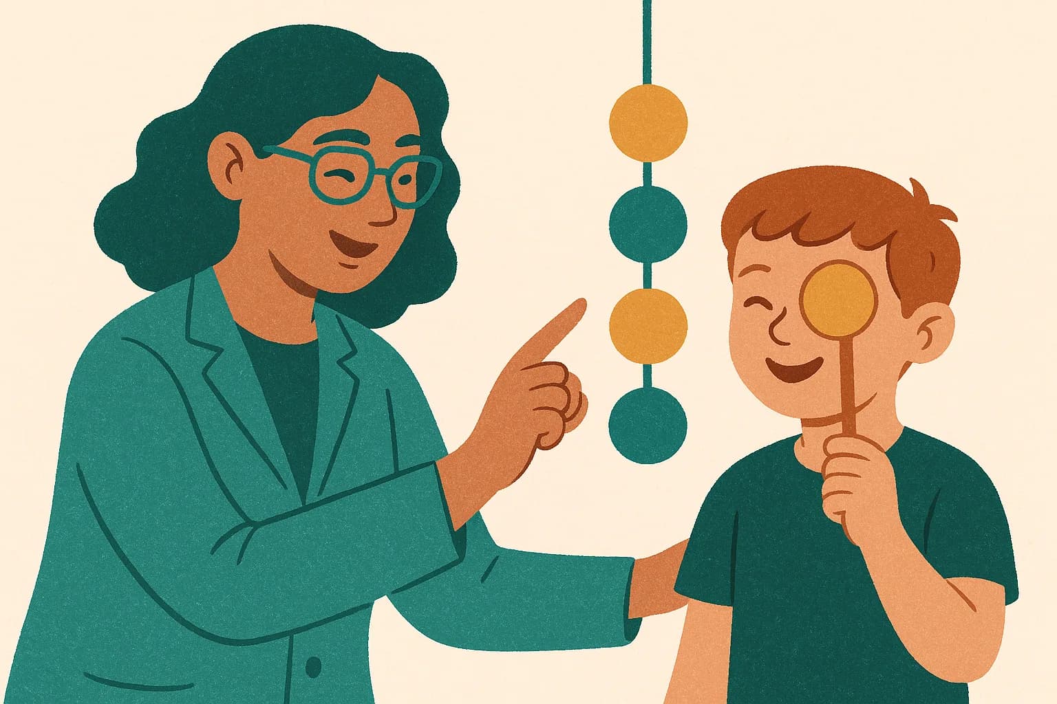 Optometrista guiando a un niño en un ejercicio visual