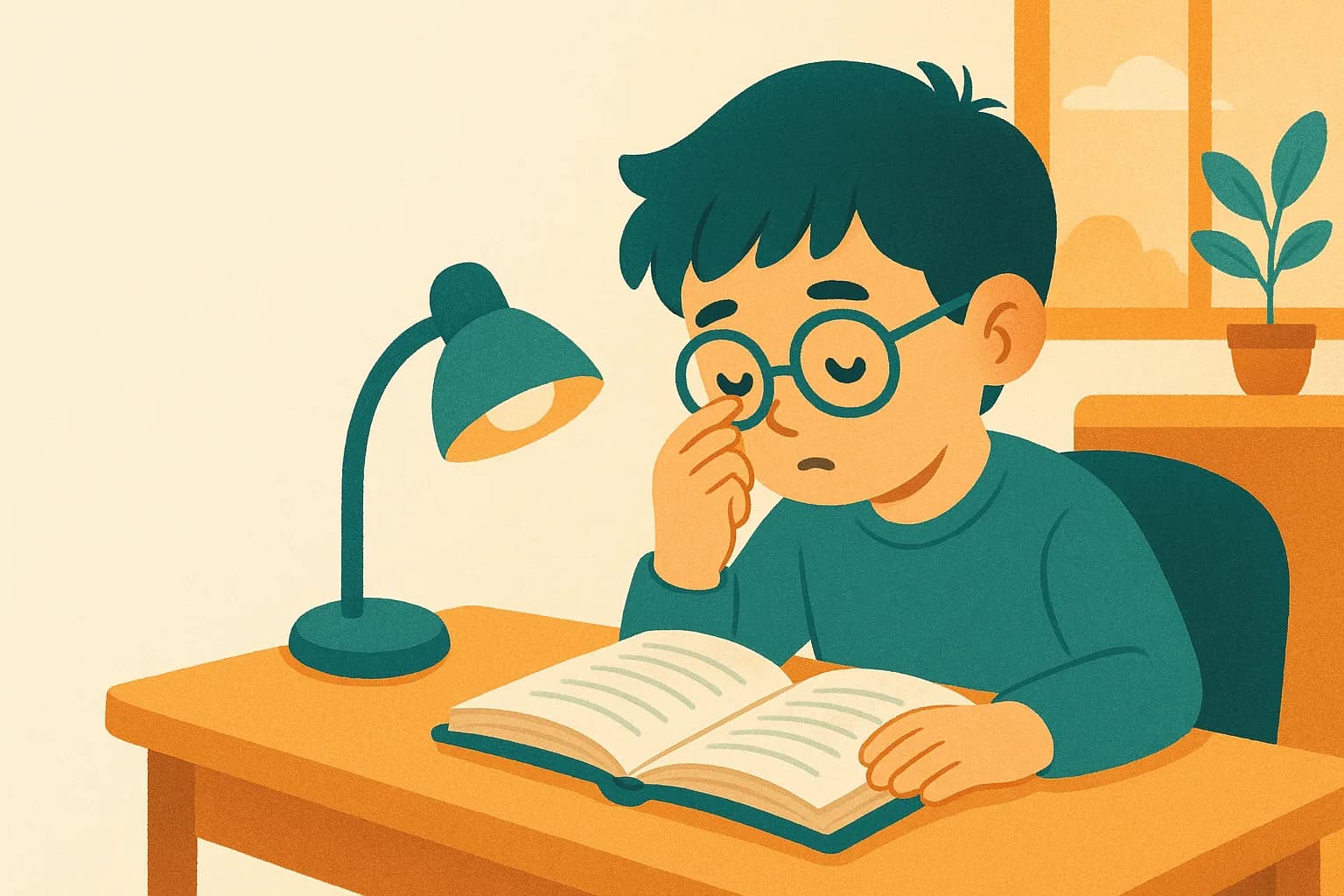 Niño esforzándose al leer en su mesa de estudio
